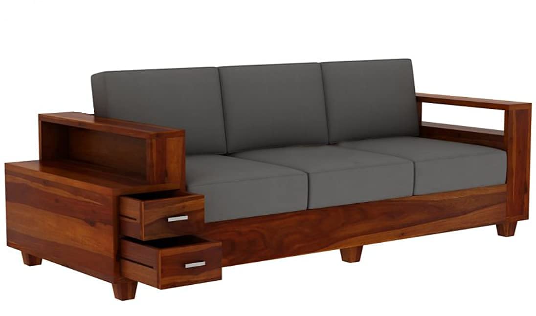Solid Sheesham Wood 3 Seater Sofa with Storage Drawers