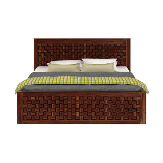 Premium Sheesham Wood Queen Size Bed with Hydraulic Storage & Woven Headboard