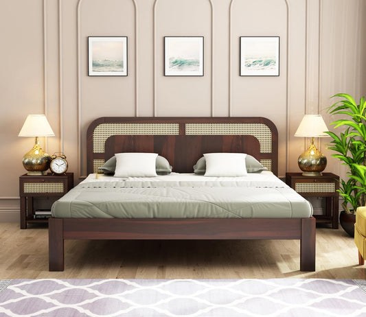 Premium Sheesham Wood King Size Bed with Cane Headboard