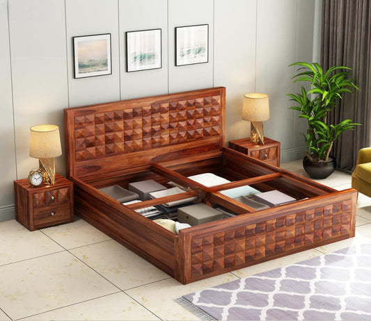 Sheesham Wood Queen Bed with Storage | Geometric Design