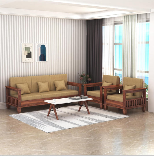 Premium Solid Sheesham Wood Sofa Set (3+1+1) with Storage Armrests