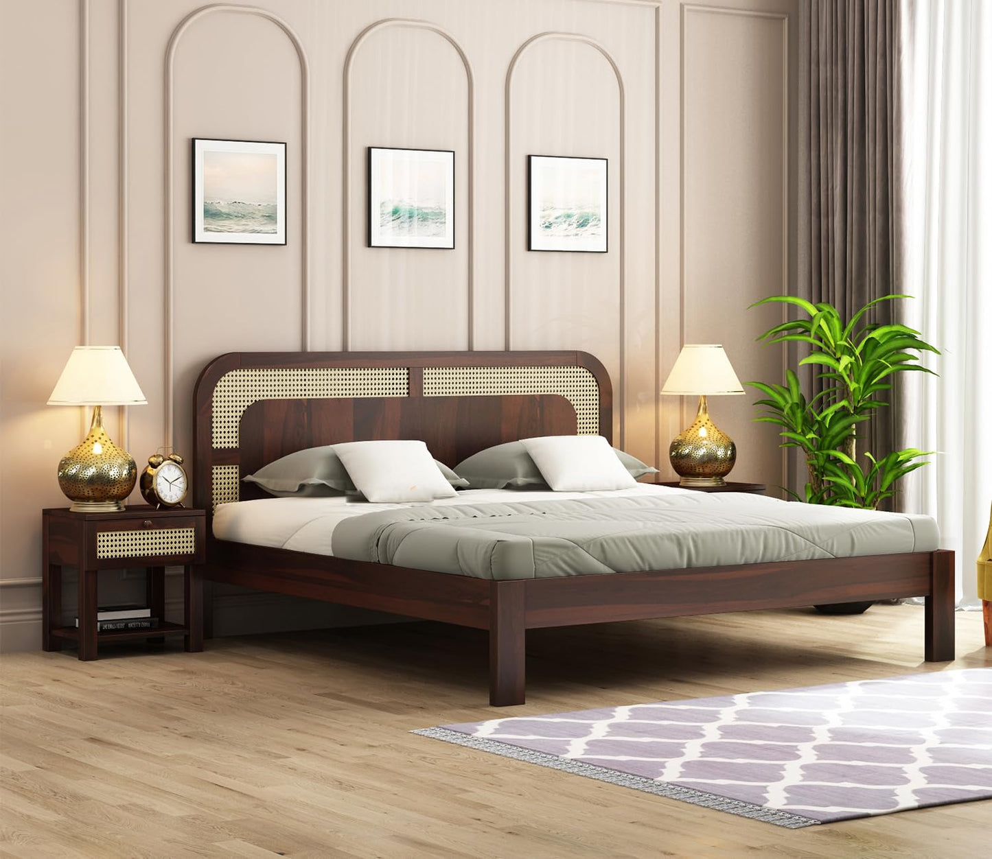 Premium Sheesham Wood King Size Bed with Cane Headboard