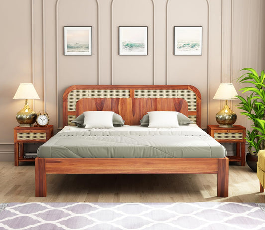 Premium Sheesham Wood queen Size Bed with Cane Headboard