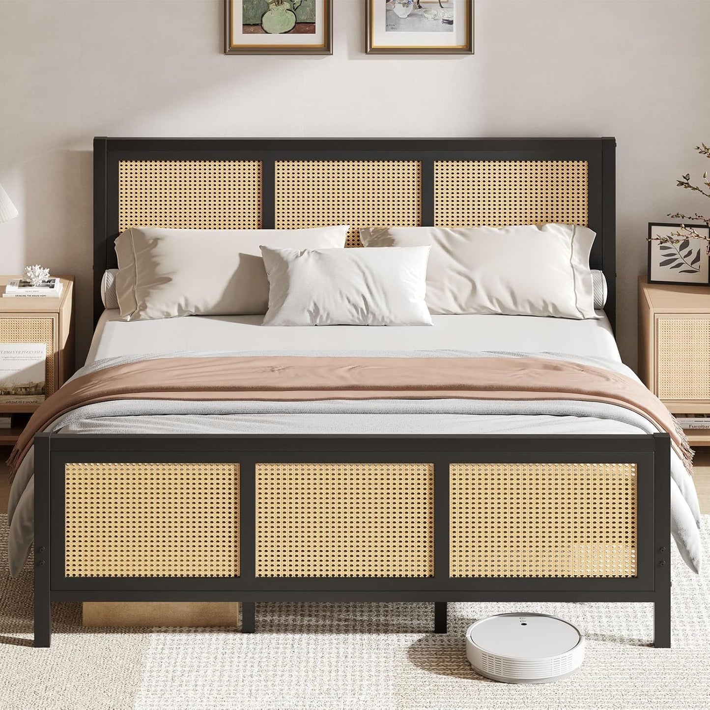 King Size Bed with Rattan Cane Panels | Strong Metal Frame Bed
