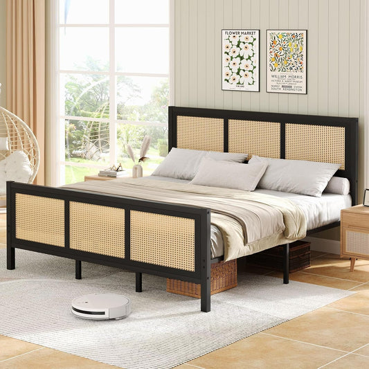 King Size Bed with Rattan Cane Panels | Strong Metal Frame Bed