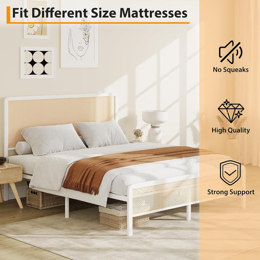 Modern Bed Frame with Rattan Design | White Metal Bed for Bedroom