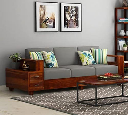 Solid Sheesham Wood 3 Seater Sofa with Storage Drawers