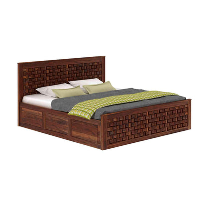 Premium Sheesham Wood Queen Size Bed with Hydraulic Storage & Woven Headboard