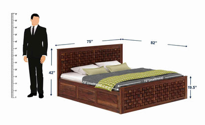 Premium Sheesham Wood Queen Size Bed with Hydraulic Storage & Woven Headboard