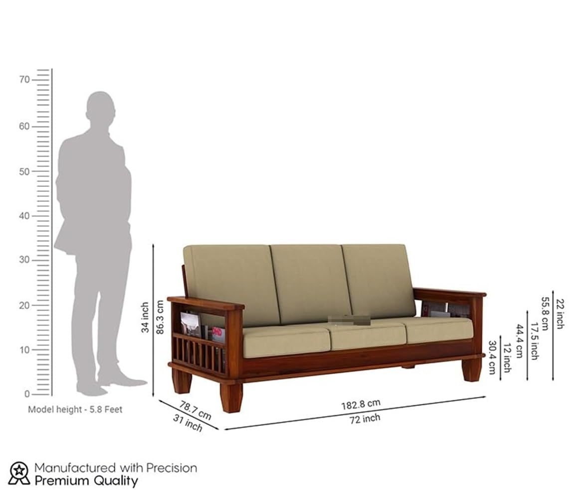 Premium Solid Sheesham Wood Sofa Set (3+1+1) with Storage Armrests