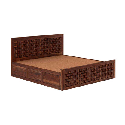 Premium Sheesham Wood Queen Size Bed with Hydraulic Storage & Woven Headboard