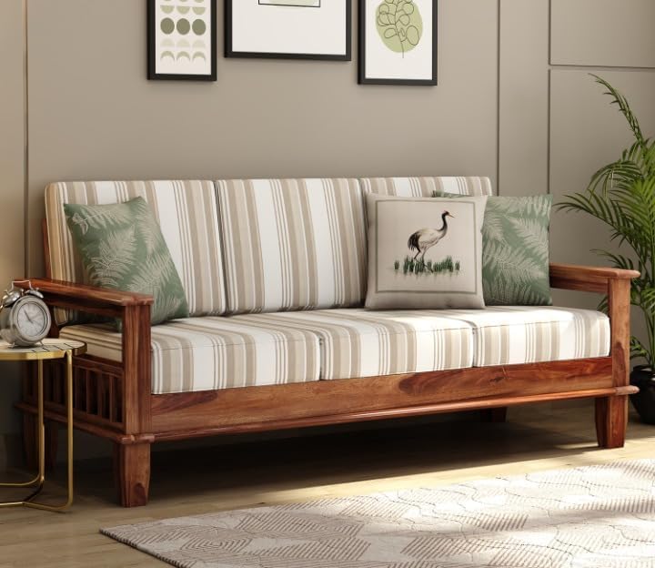 Premium Solid Sheesham Wood Sofa Set (3+1+1) with Storage Armrests