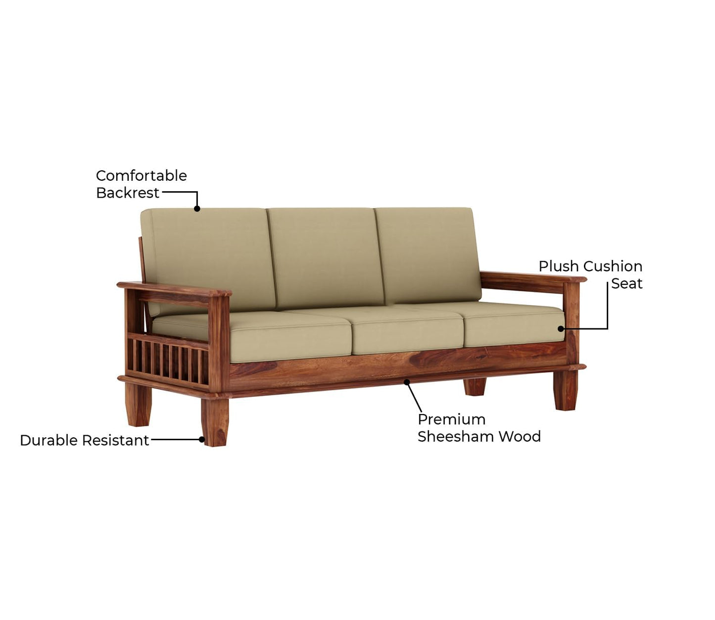 Premium Sheesham Wood 3-Seater Sofa | Modern Living Room Sofa