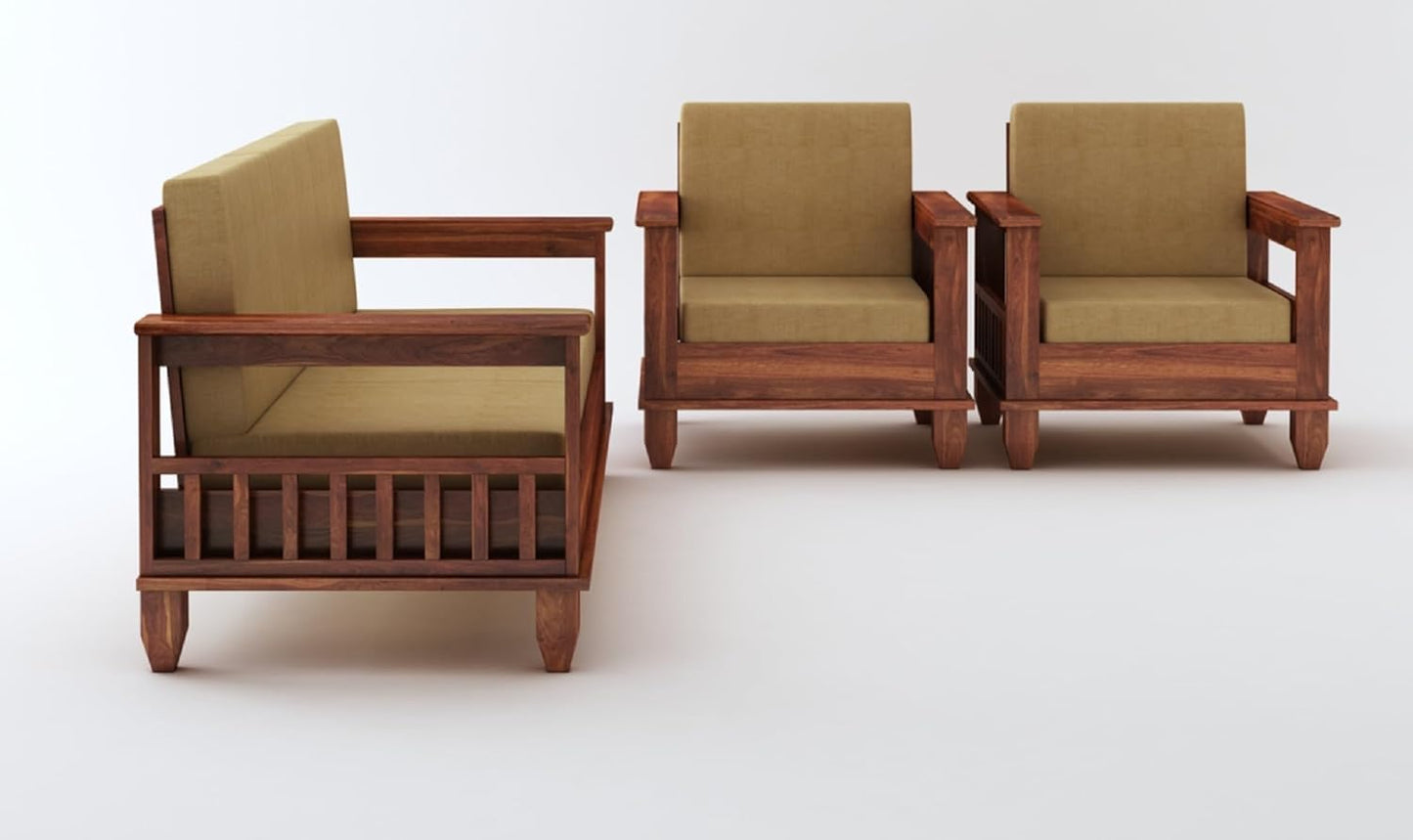 Premium Solid Sheesham Wood Sofa Set (3+1+1) with Storage Armrests
