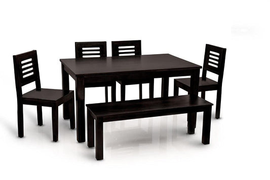 Solid Sheesham Wood 6 Seater Dining Table Set with Bench & Chairs