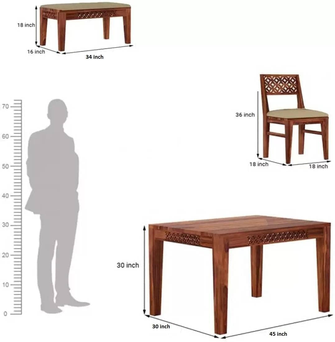 Solid Sheesham Wood 4 Seater Dining Table Set with Bench