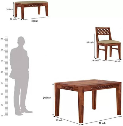 Solid Sheesham Wood 4 Seater Dining Table Set with Bench