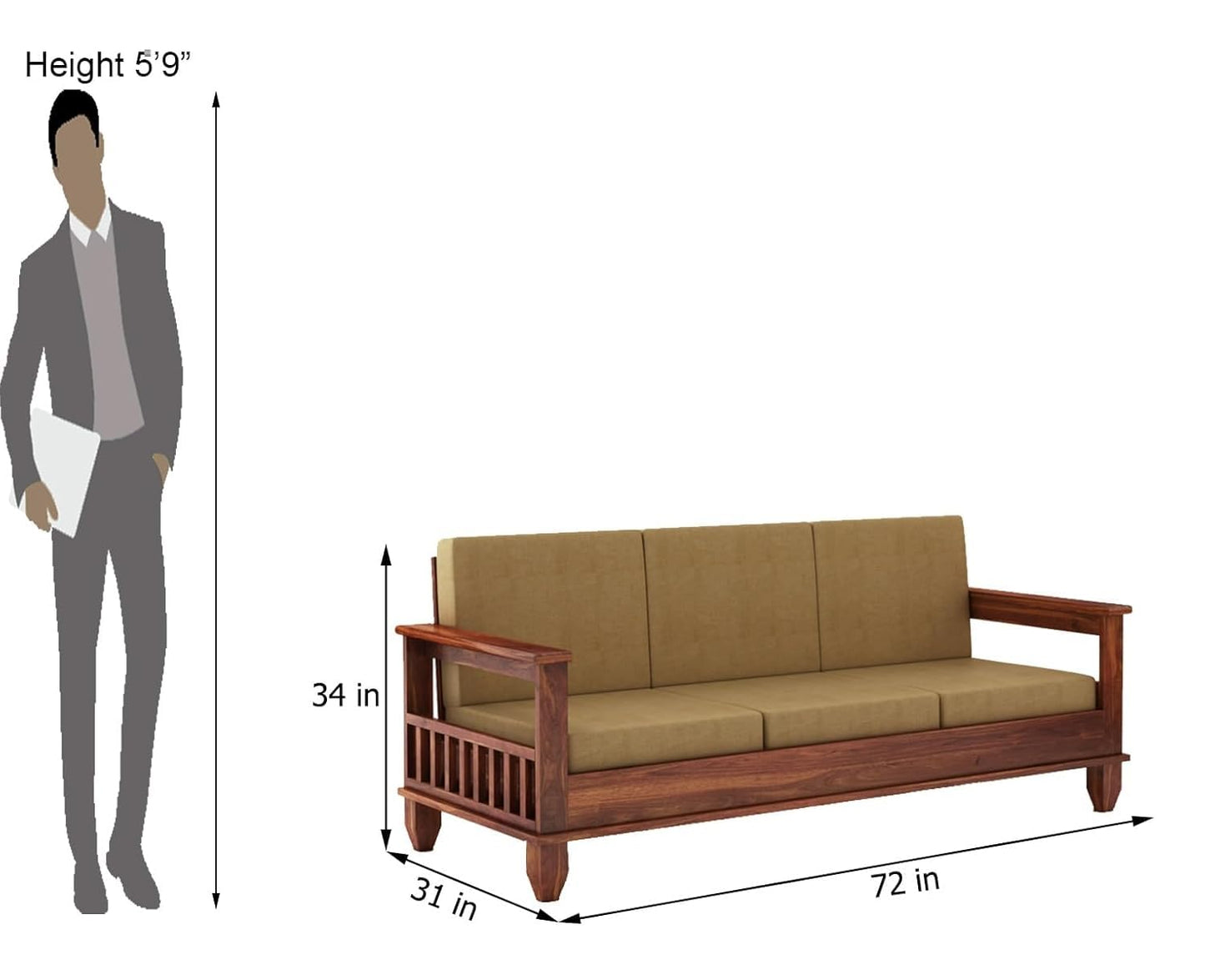Premium Solid Sheesham Wood Sofa Set (3+1+1) with Storage Armrests