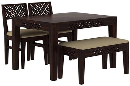 Solid Sheesham Wood 4 Seater Dining Table Set with Bench