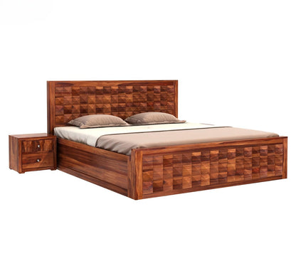 Sheesham Wood Queen Bed with Storage | Geometric Design
