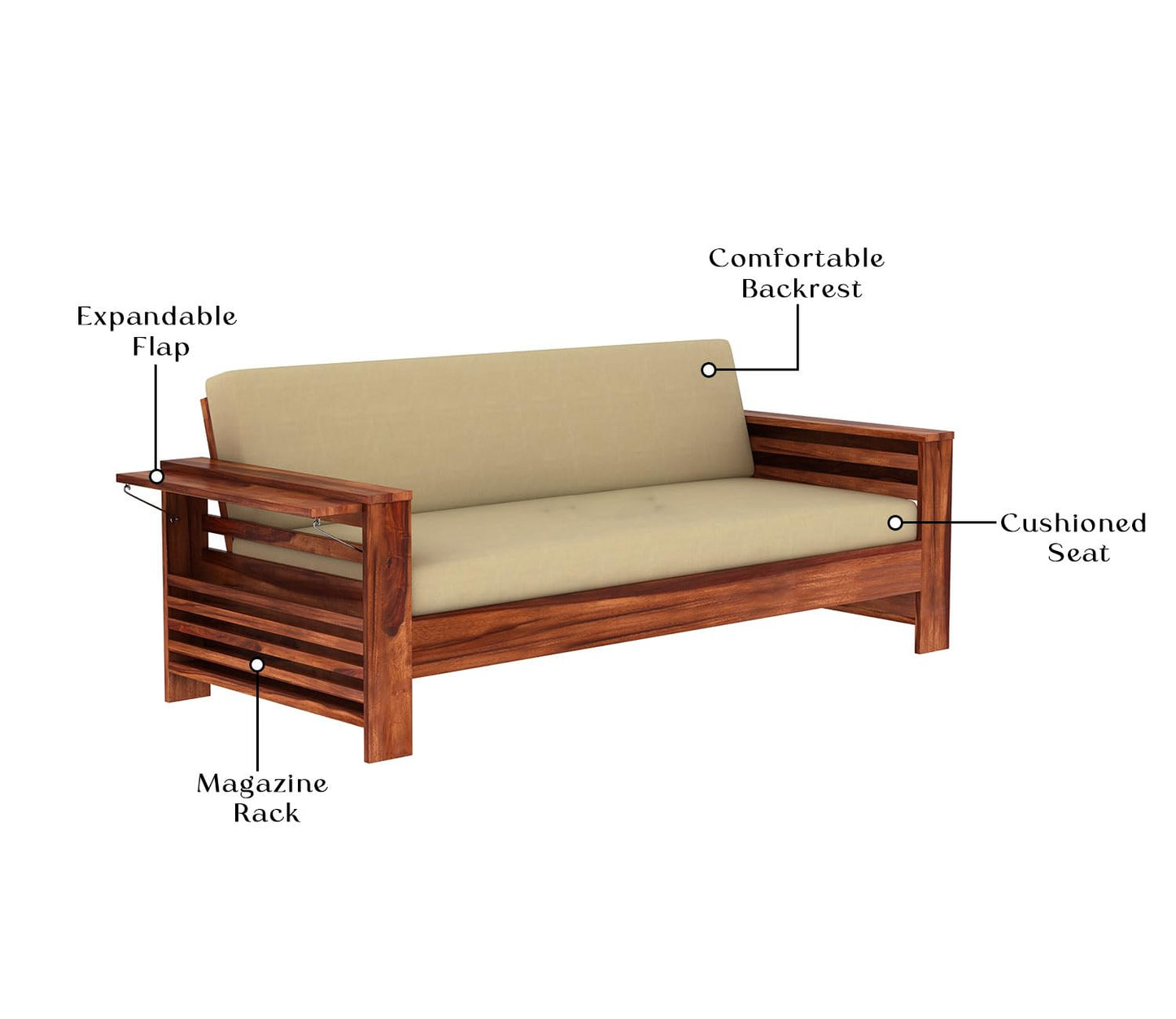 Modern Sheesham Wood 3+1+1 Sofa with Storage Armrest