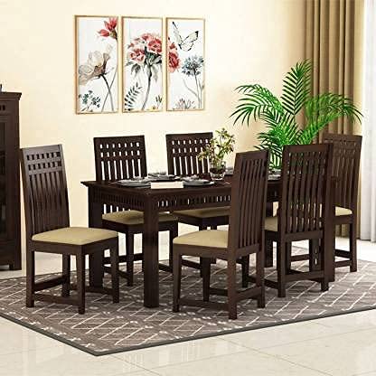 Solid Sheesham Wood 6 Seater Dining Table Set with High Back Upholstered Chairs
