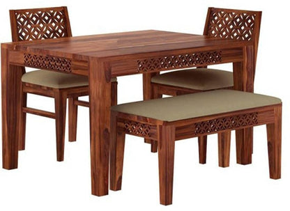 Solid Sheesham Wood 4 Seater Dining Table Set with Bench