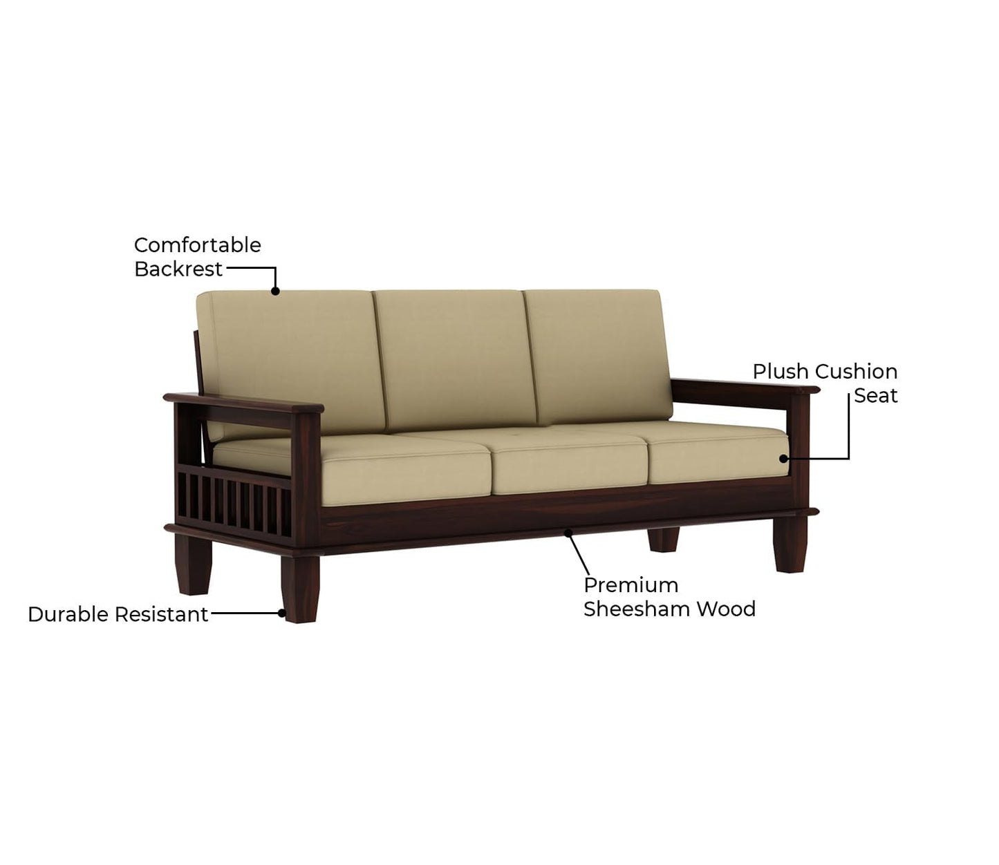 Premium Sheesham Wood 3-Seater Sofa | Modern Living Room Sofa