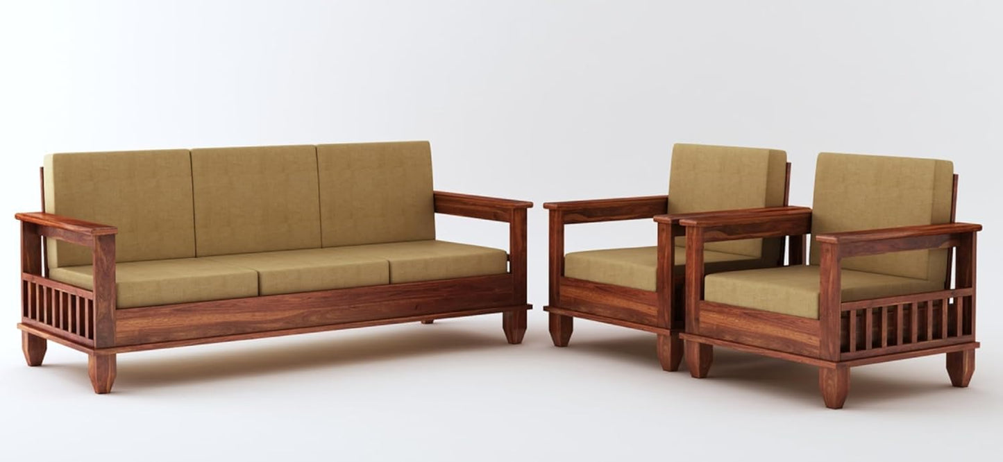 Premium Solid Sheesham Wood Sofa Set (3+1+1) with Storage Armrests