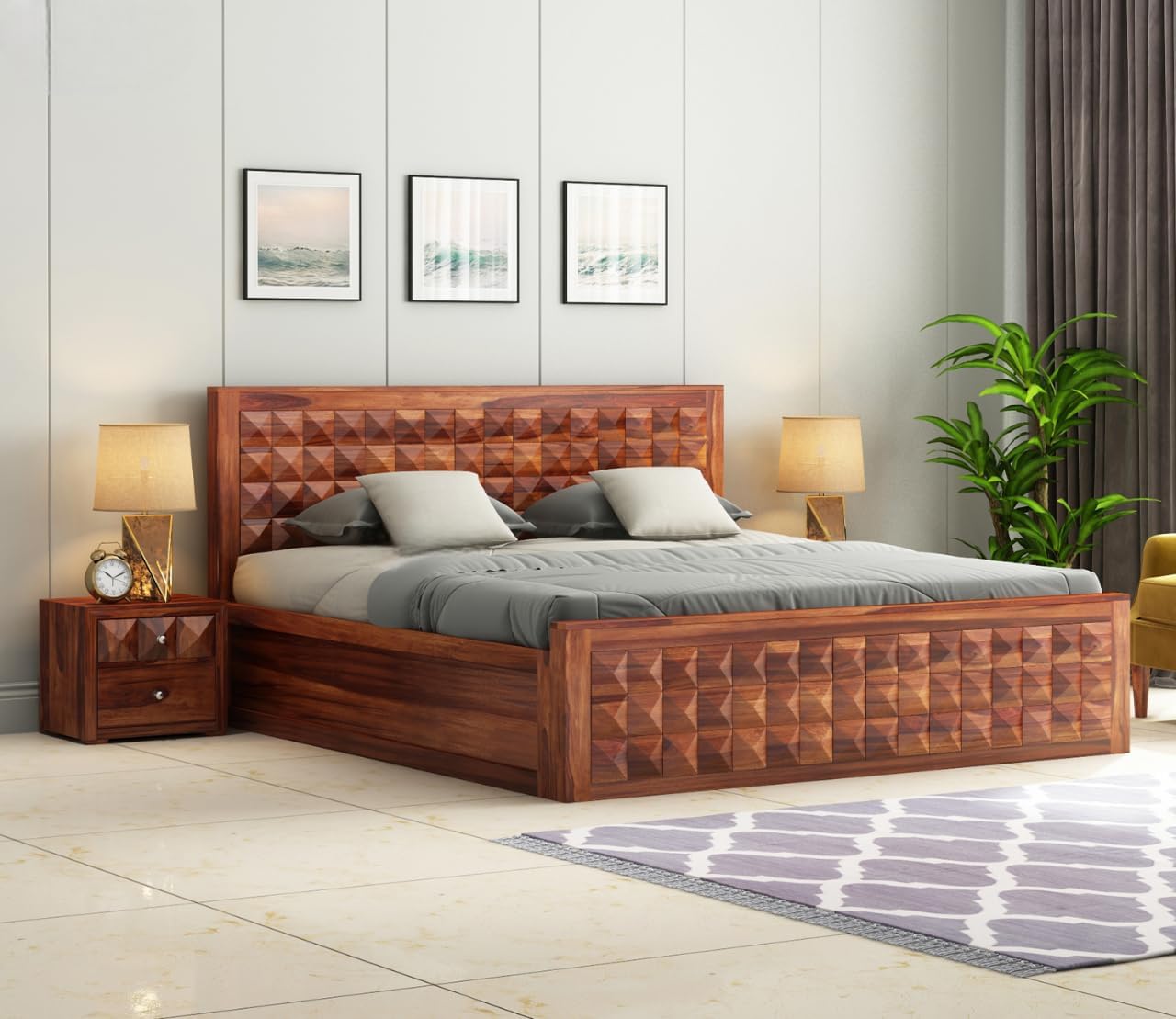Sheesham Wood Queen Bed with Storage | Geometric Design