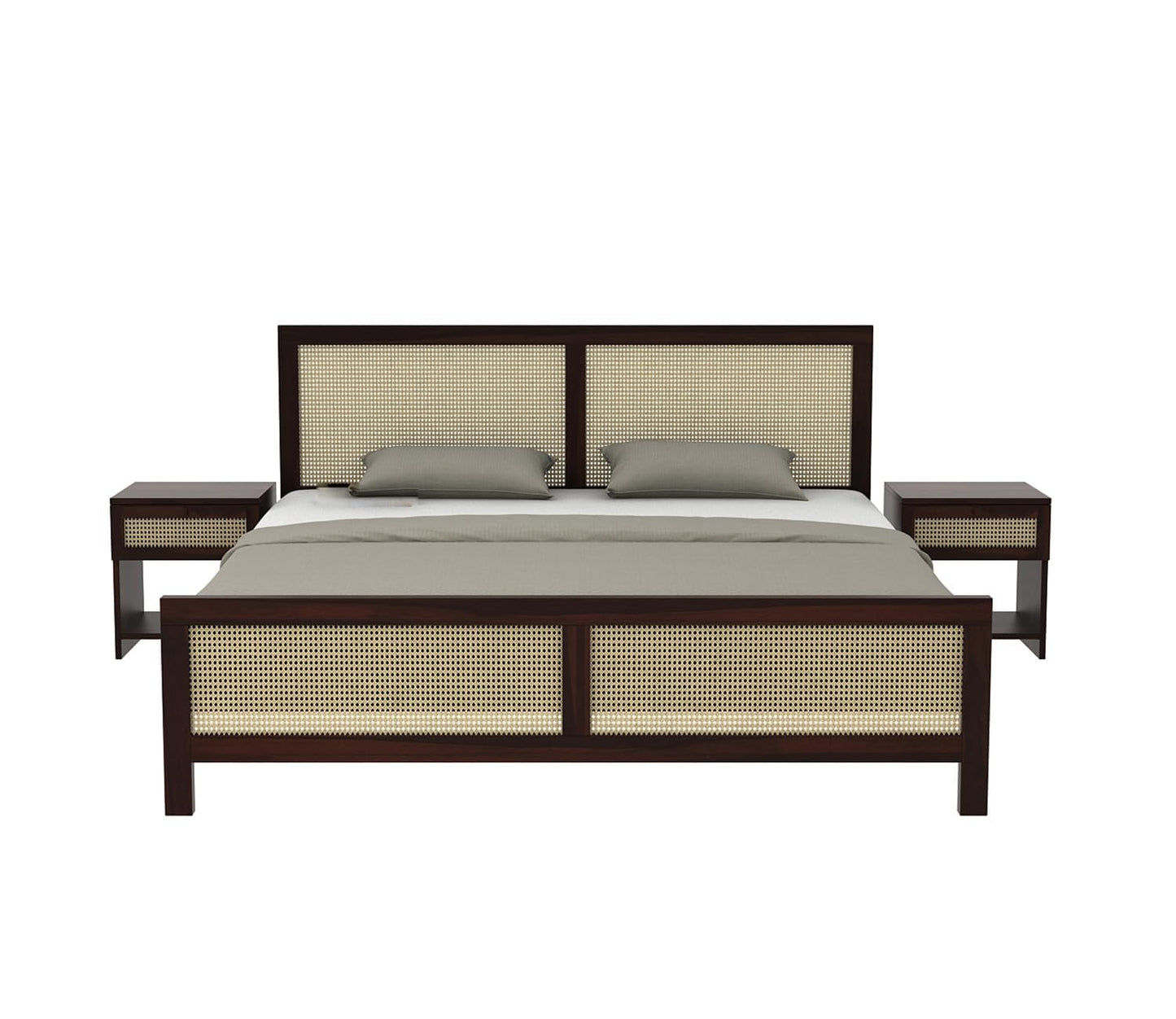 Solid Sheesham Wood King Size Bed with Cane Headboard & Footboard