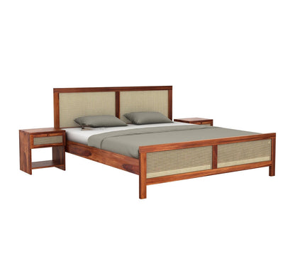 Solid Sheesham Wood King Size Bed with Cane Headboard & Footboard