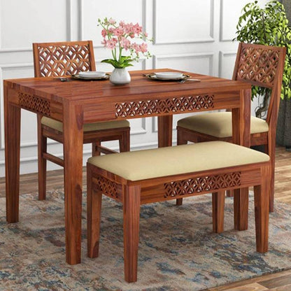 Solid Sheesham Wood 4 Seater Dining Table Set with Bench