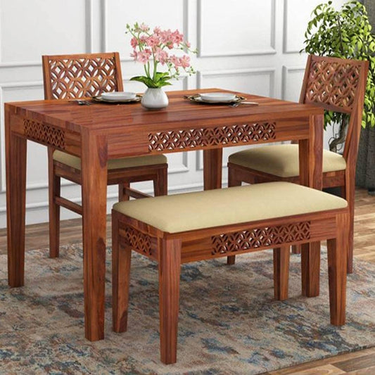 Solid Sheesham Wood 4 Seater Dining Table Set with Bench