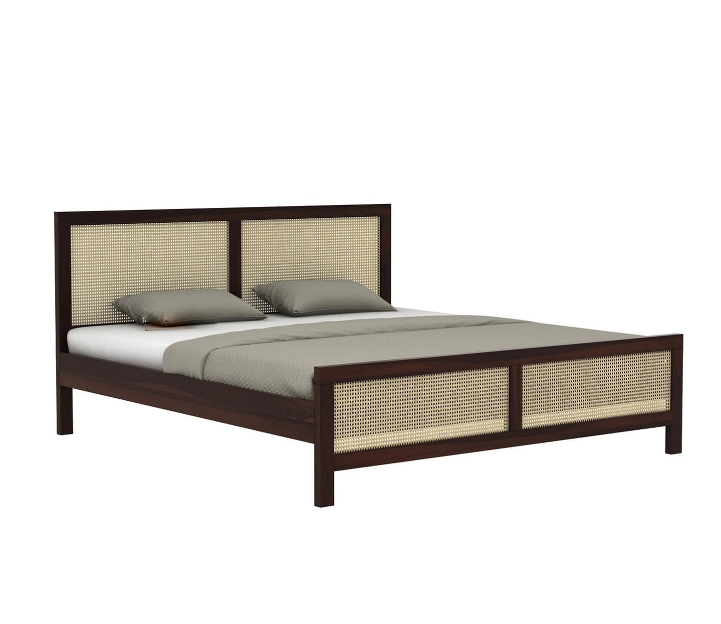 Solid Sheesham Wood King Size Bed with Cane Headboard & Footboard