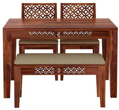 Solid Sheesham Wood 4 Seater Dining Table Set with Bench