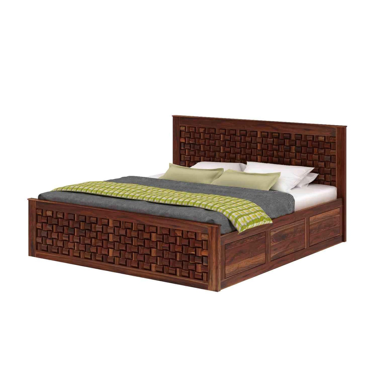 Premium Sheesham Wood Queen Size Bed with Hydraulic Storage & Woven Headboard