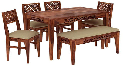 Solid Sheesham Wood 6 Seater Dining Table Set with Bench & Upholstered Chairs