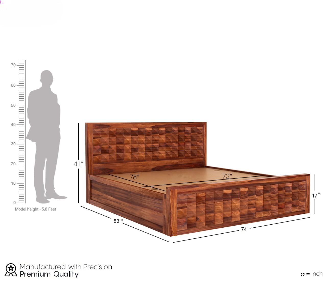 Sheesham Wood Queen Bed with Storage | Geometric Design