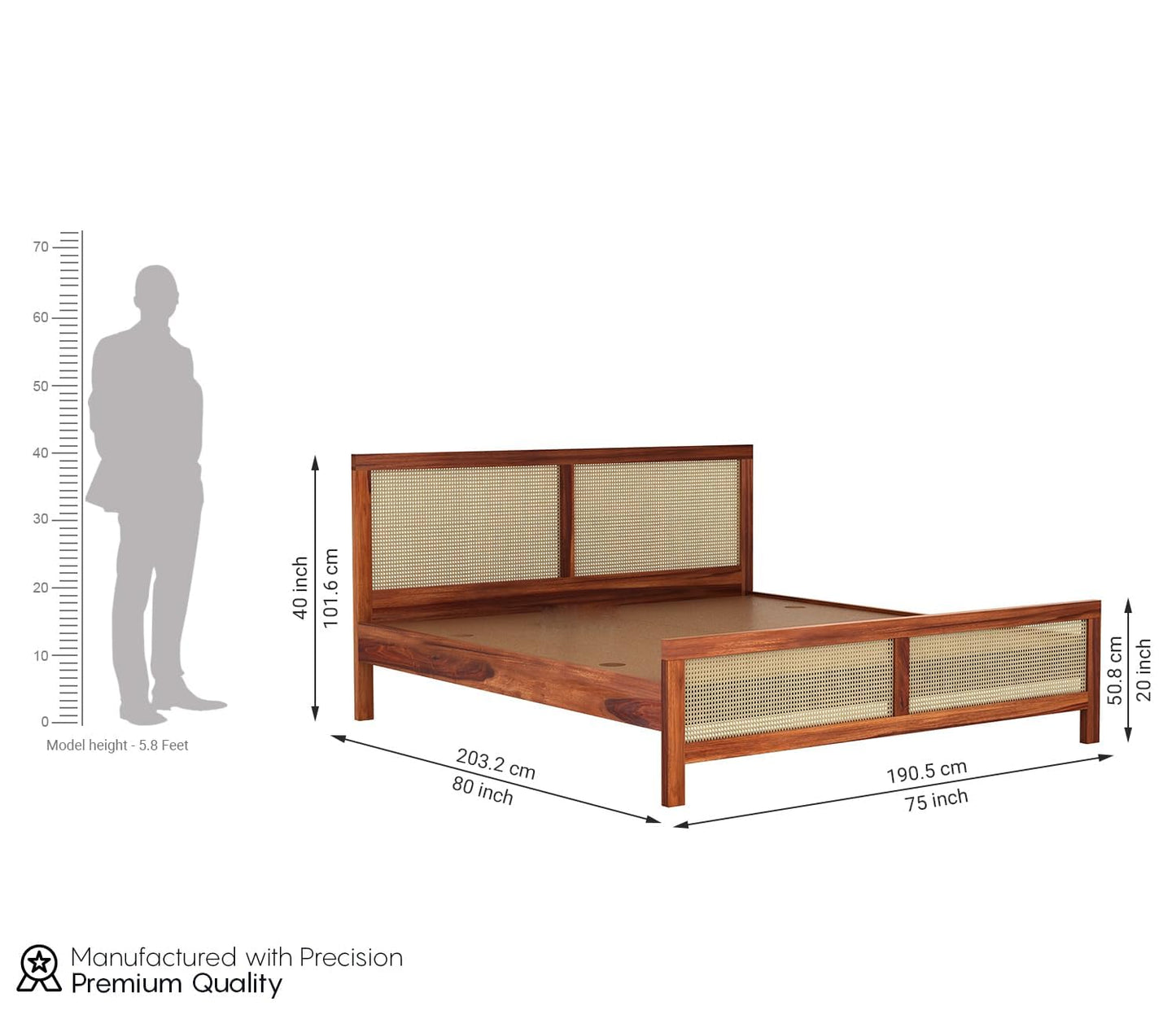 Solid Sheesham Wood King Size Bed with Cane Headboard & Footboard
