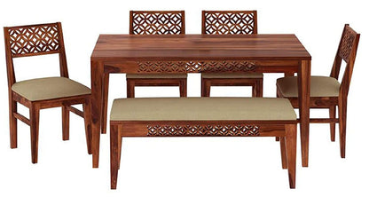 Solid Sheesham Wood 6 Seater Dining Table Set with Bench & Upholstered Chairs