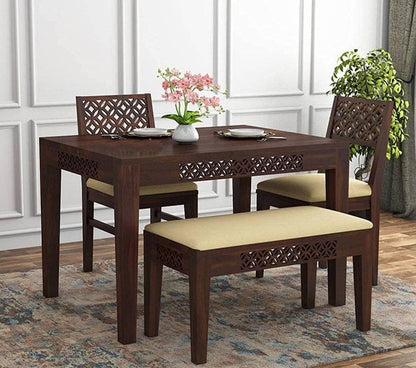 Solid Sheesham Wood 4 Seater Dining Table Set with Bench