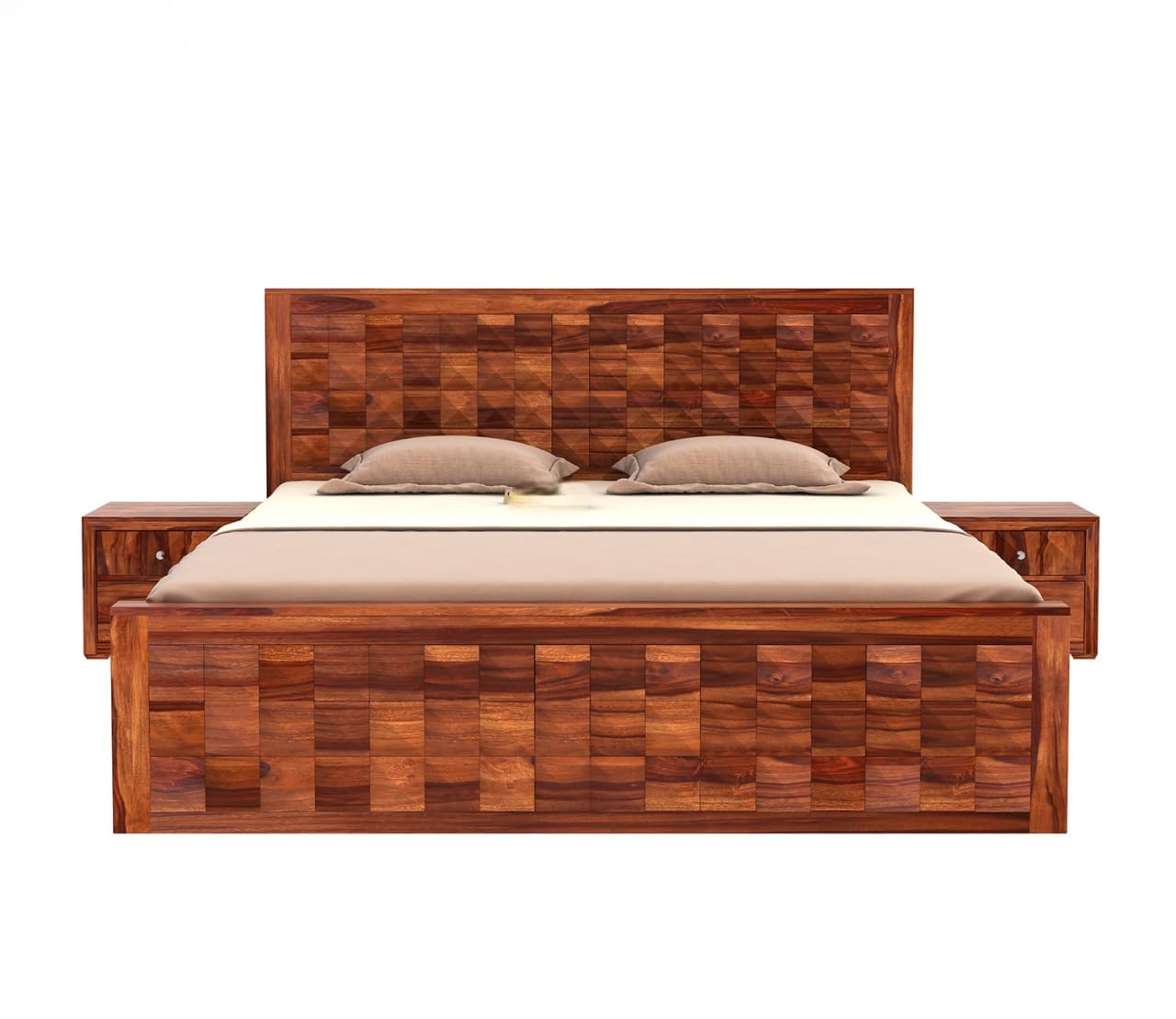 Sheesham Wood Queen Bed with Storage | Geometric Design