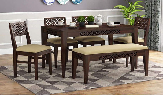 Solid Sheesham Wood 6 Seater Dining Table Set with Bench & Upholstered Chairs