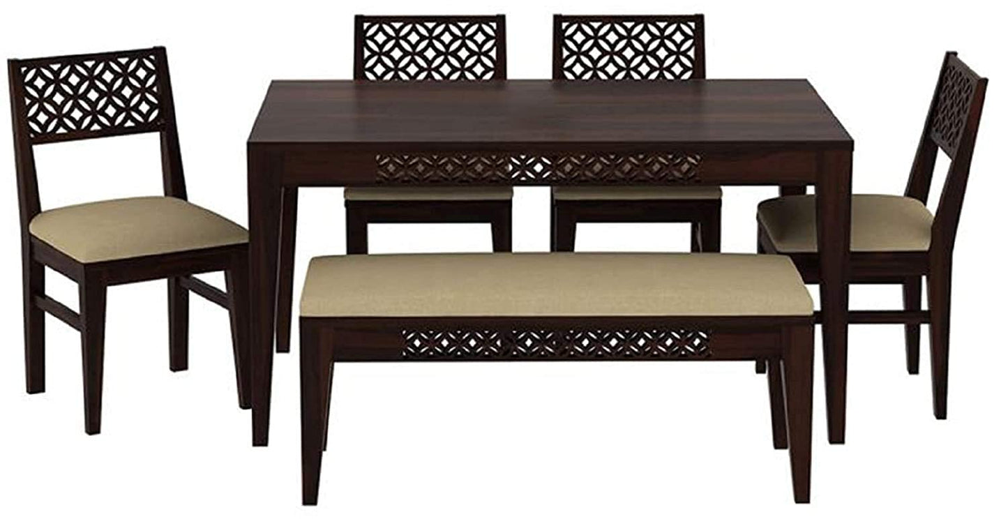 Solid Sheesham Wood 6 Seater Dining Table Set with Bench & Upholstered Chairs