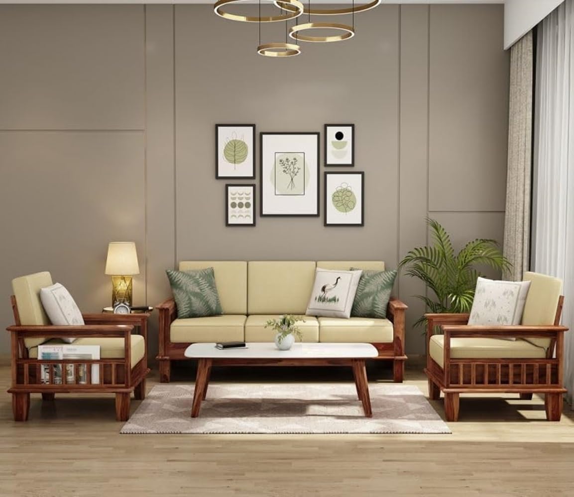 Premium Solid Sheesham Wood Sofa Set (3+1+1) with Storage Armrests
