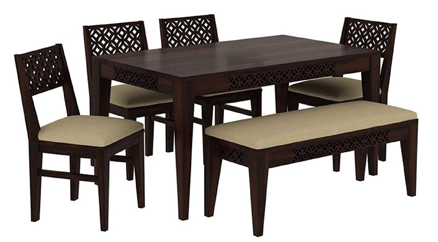Solid Sheesham Wood 6 Seater Dining Table Set with Bench & Upholstered Chairs