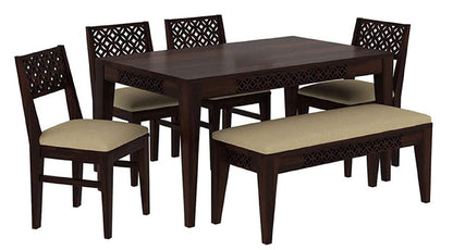 Solid Sheesham Wood 6 Seater Dining Table Set with Bench & Upholstered Chairs