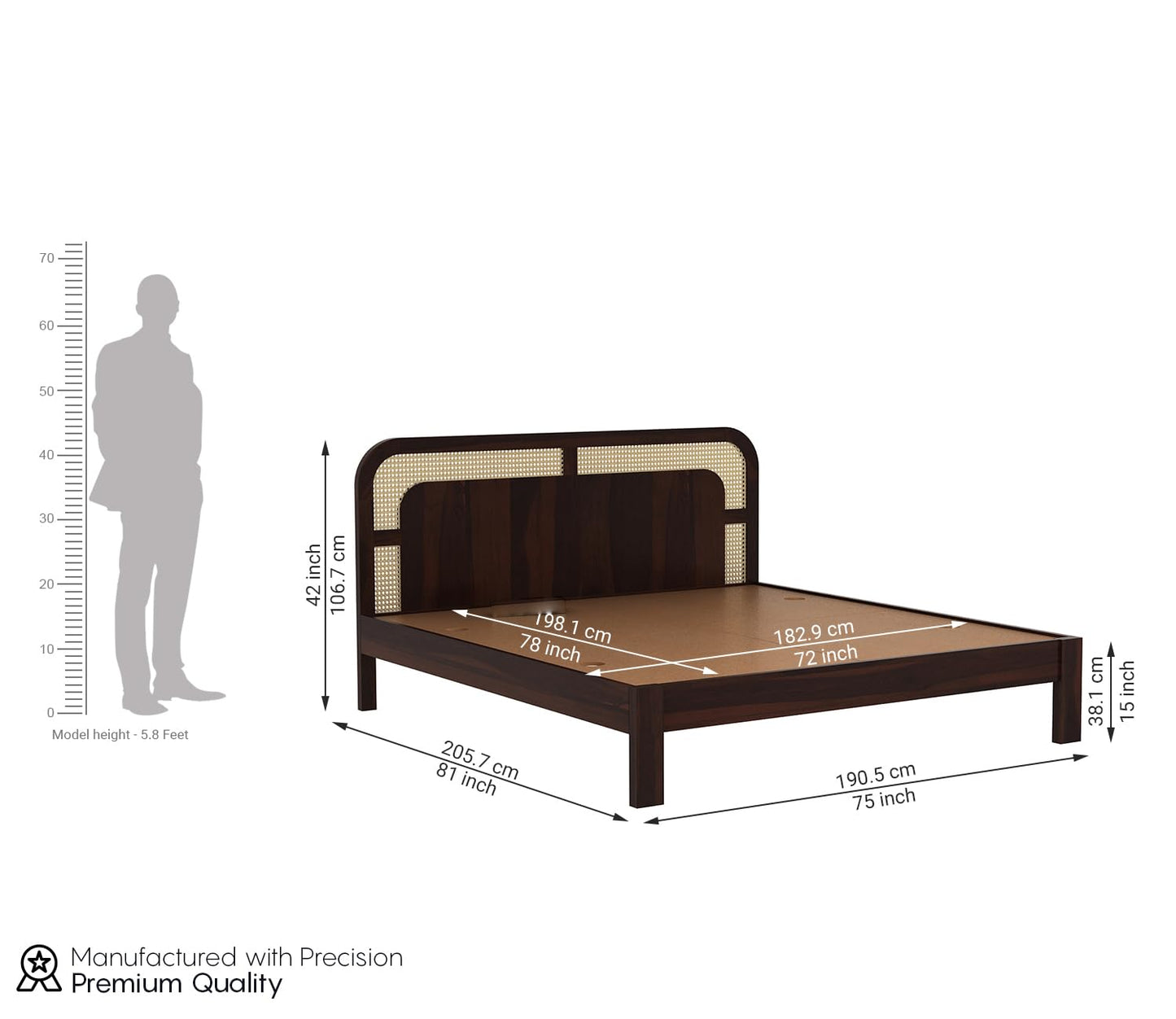 Premium Sheesham Wood King Size Bed with Cane Headboard