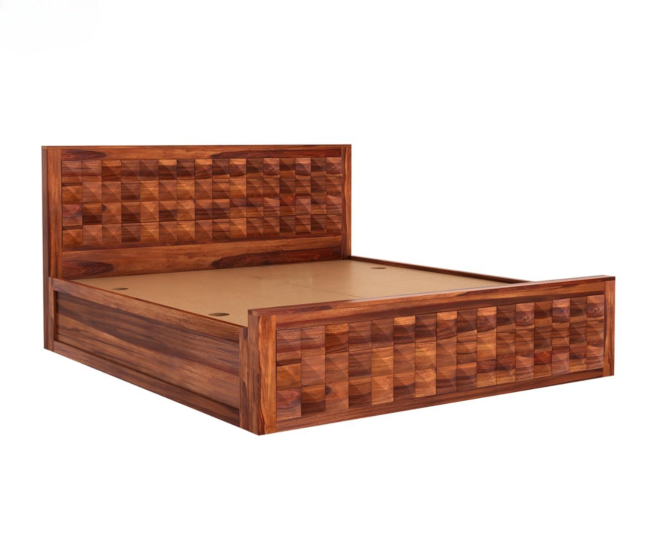 Sheesham Wood Queen Bed with Storage | Geometric Design